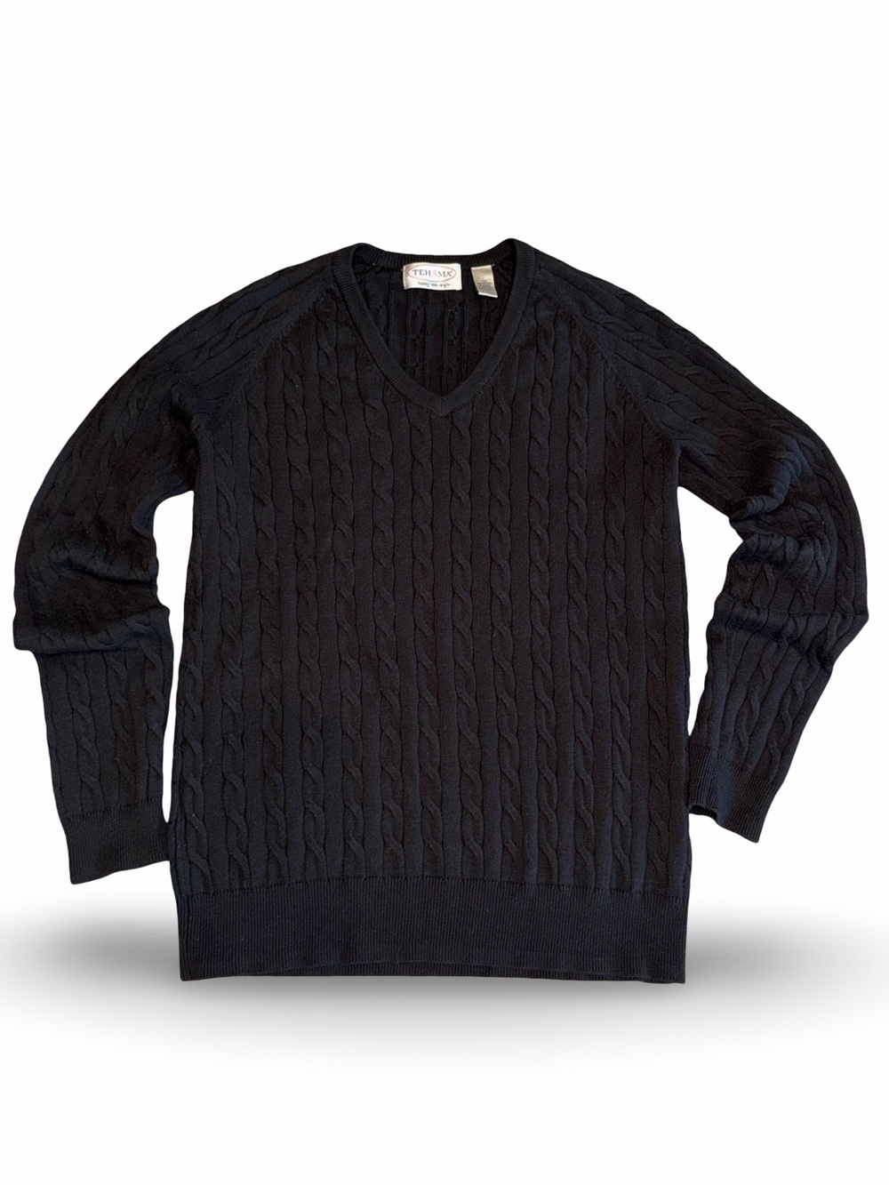 TEHAMA Navy Cable Knit V-Neck Sweater Cotton Blend Classic Preppy